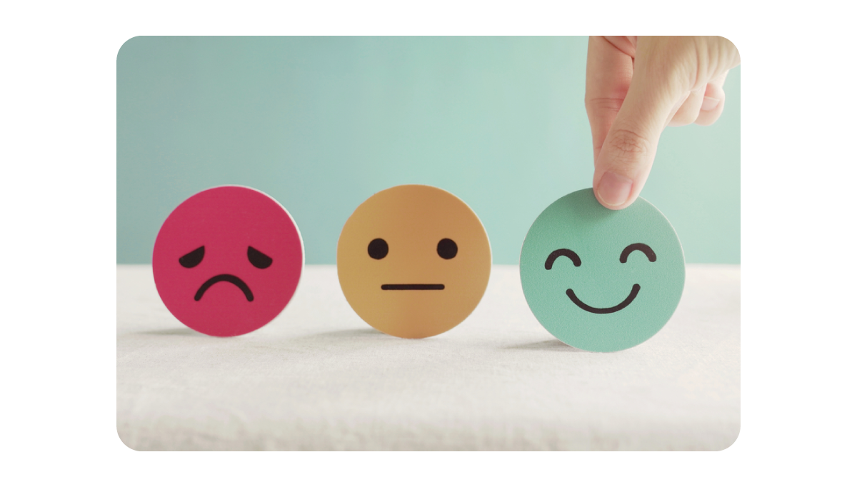 Three circular cards on a light surface representing different moods: a red sad face, a yellow neutral face, and a green happy face, with a hand selecting the happy face card.png