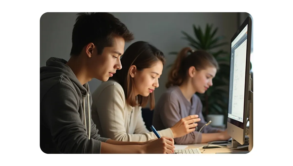 A group of young adults studying or collaborating on laptops and notes. The image has a modern, casual vibe with the individuals engaged in focused work in a cozy, home-office environment.