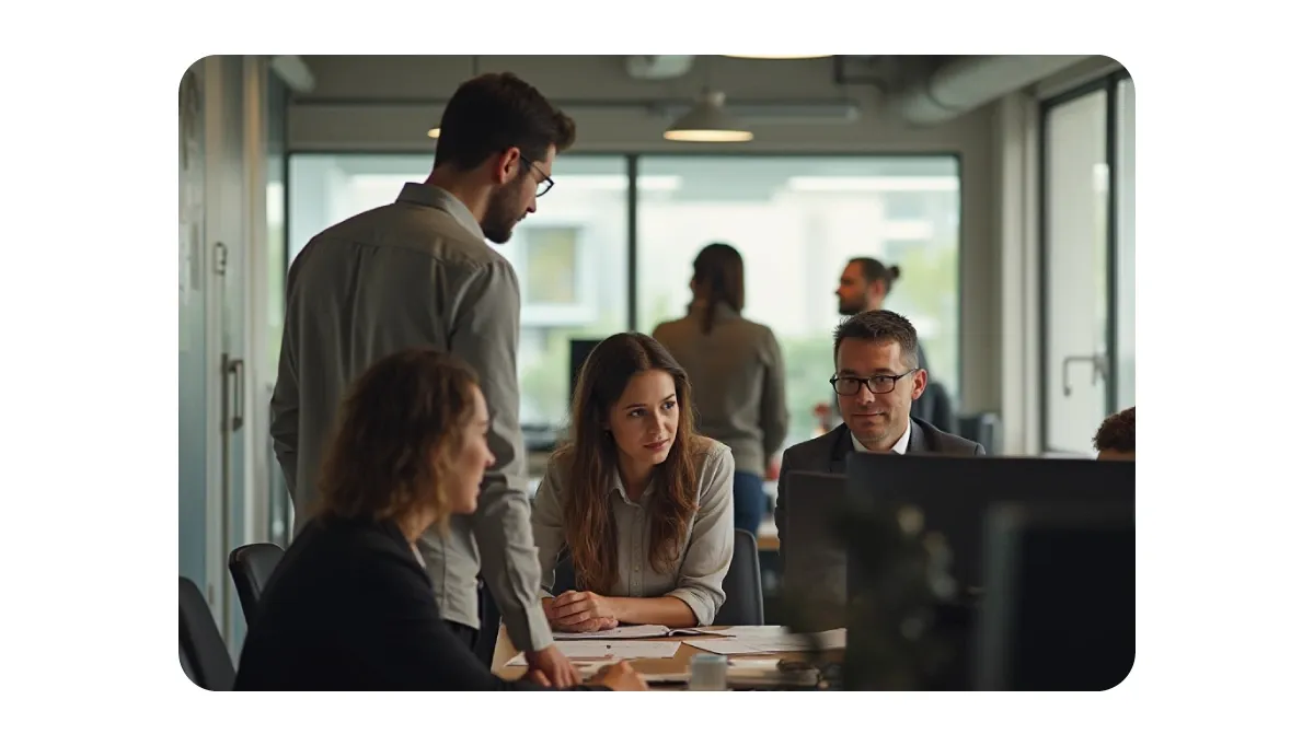 A photo of a meeting between three professionals in an office setting. Two people are focused on a laptop, while the third person is jotting notes. The atmosphere is collaborative, and the design is contemporary.