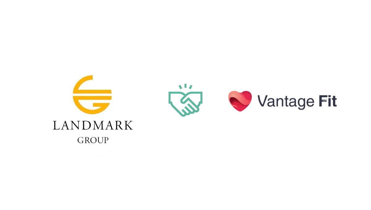 The logos of Landmark Group, Vantage Fit, and a handshake, representing a partnership in the context of wellness programs.