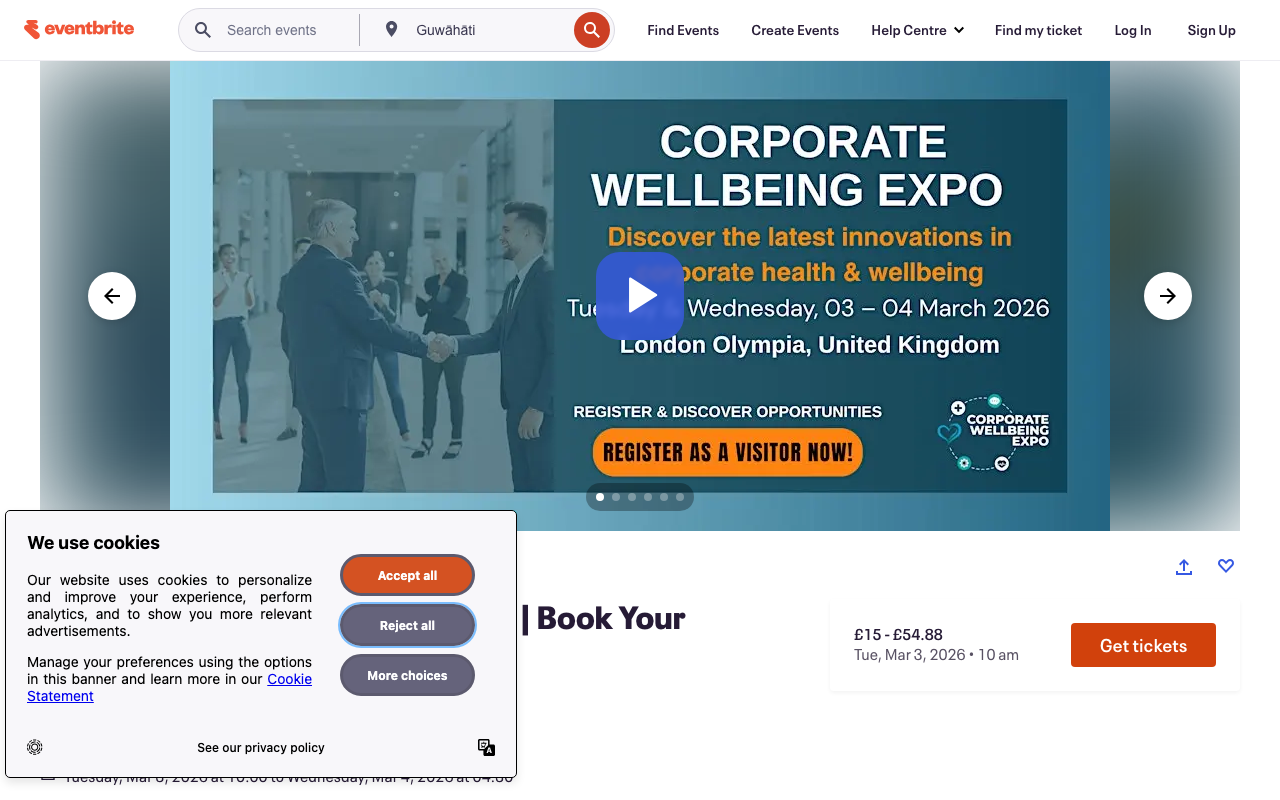 Corporate Wellbeing Expo 2026 Eventbrite listing page — March 3-4 in London, free visitor tickets for the UK's premier corporate wellbeing exhibition