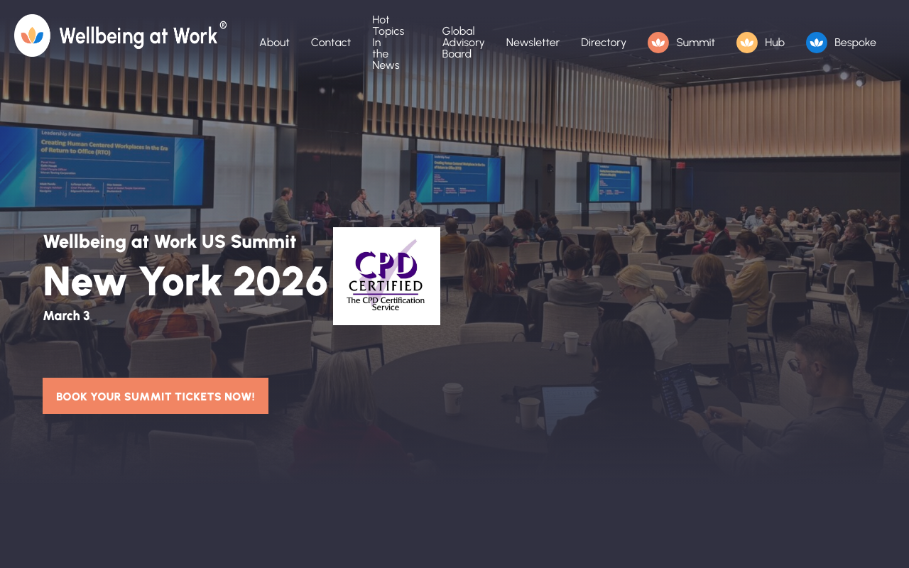 Wellbeing at Work Summit US 2026 New York homepage — employer-only corporate wellbeing event with dark hero banner and conference audience photo