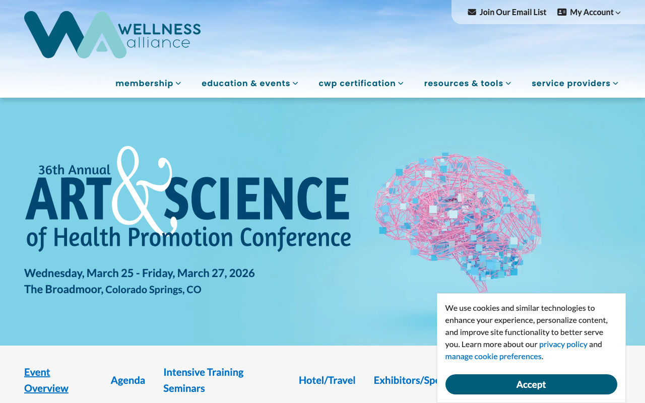 Art and Science of Health Promotion Conference 2026 homepage — 36th annual event at The Broadmoor, Colorado Springs featuring the Wired for Well-Being neuroscience theme