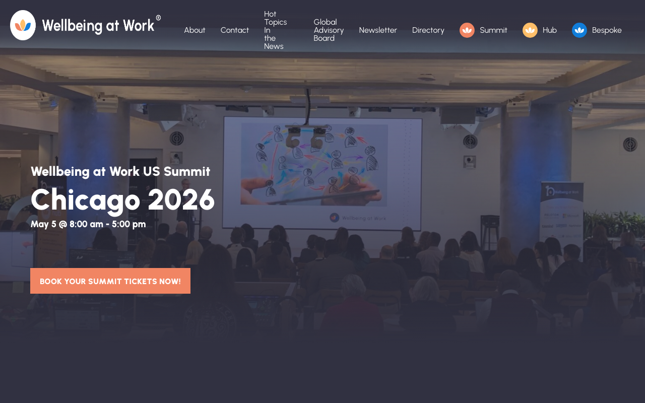 Wellbeing at Work Summit US 2026 Chicago homepage — employer-only corporate wellbeing event on May 5 with dark hero banner and audience photo