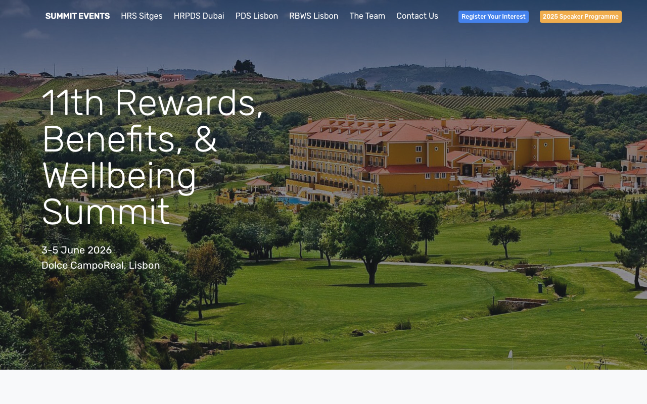 Rewards, Benefits and Wellbeing Summit 2026 homepage showing the Dolce CampoReal resort venue near Lisbon, Portugal — 11th annual invite-only event for senior HR leaders