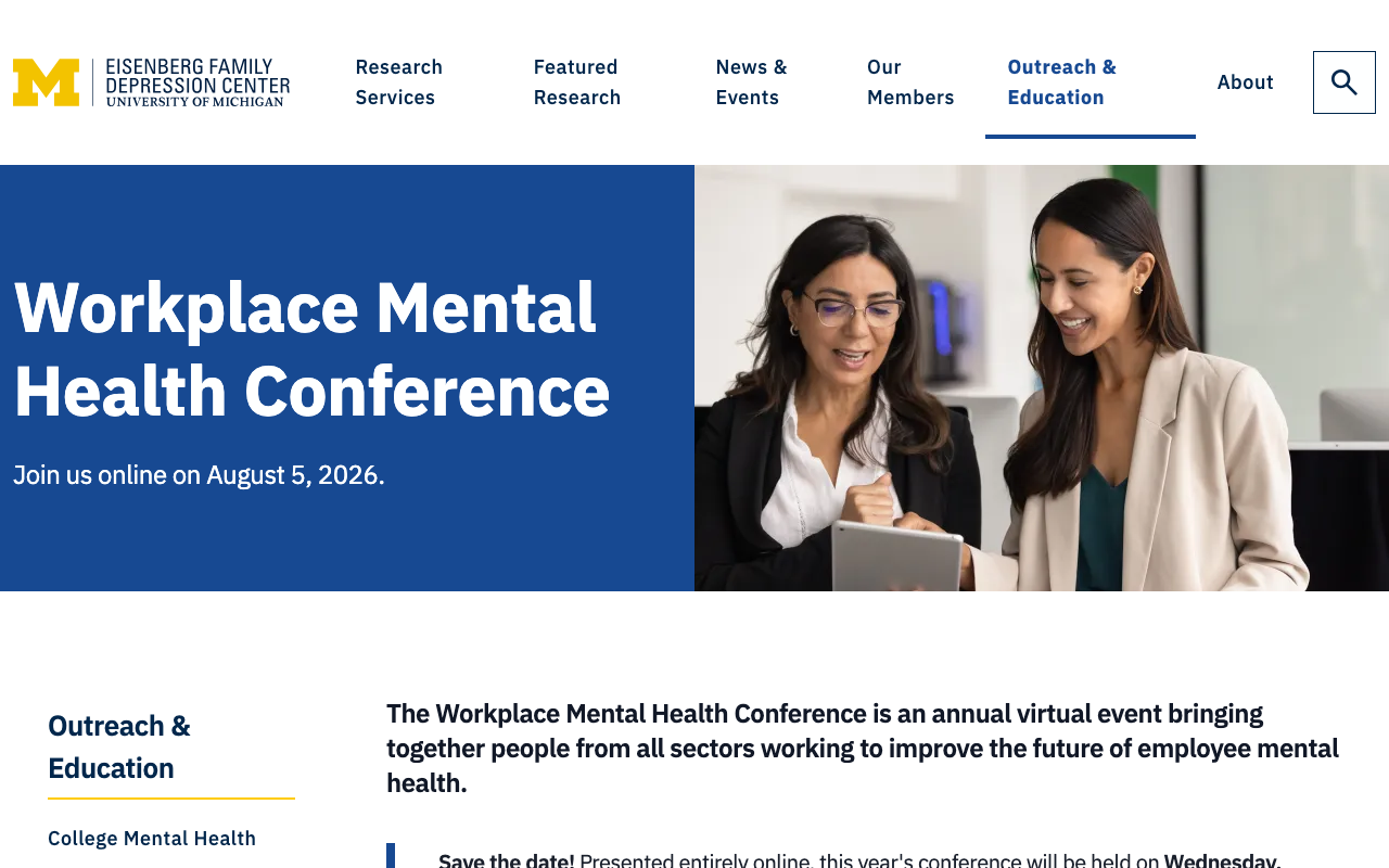 University of Michigan Workplace Mental Health Conference 2026 page — free virtual half-day event on August 5 from the Eisenberg Family Depression Center