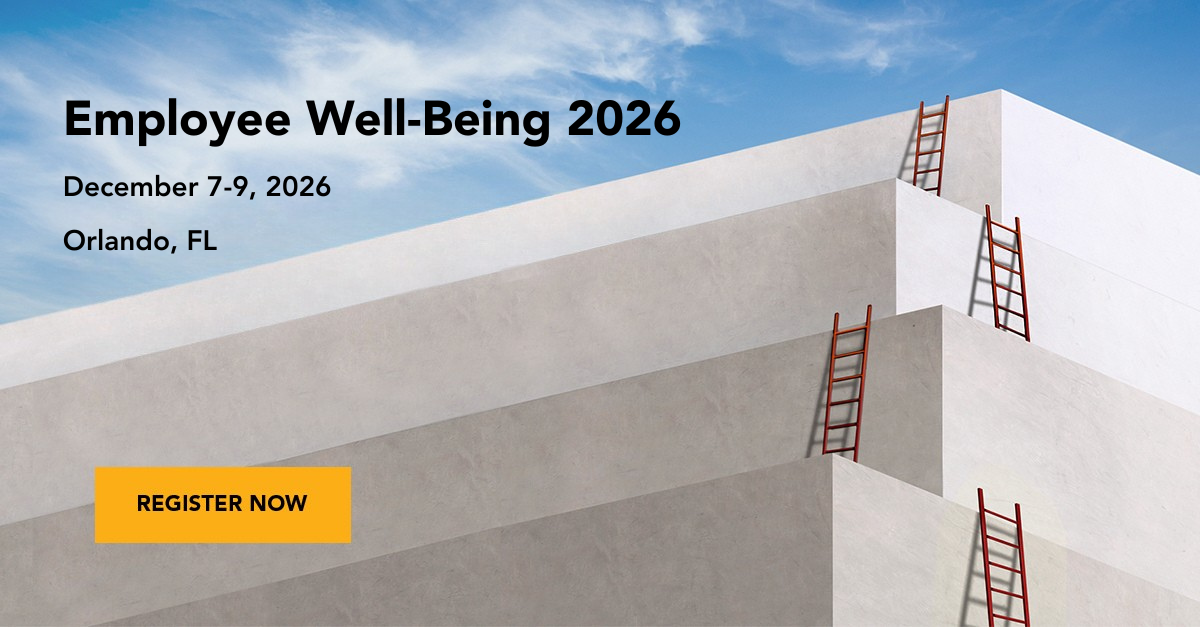 Employee Well-Being 2026 by The Conference Board promotional banner — December 7-9 in Orlando, FL with minimalist ladders visual and Register Now button