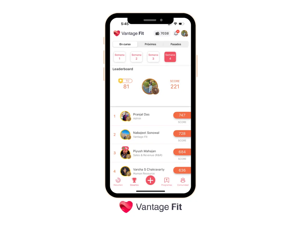 La tabla de clasificación móvil de Vantage Fit muestra las clasificaciones semanales y las puntuaciones de los mejores participantes en un reto de pasos..png