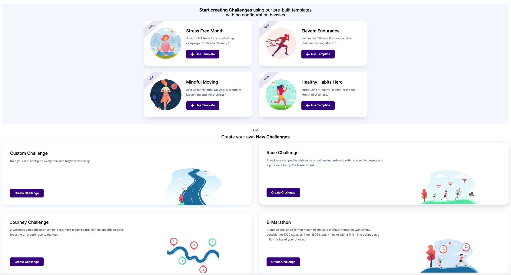 Vantage Fit challenge management dashboard showing pre-built challenge templates and custom challenge formats including race, journey, and e-marathon