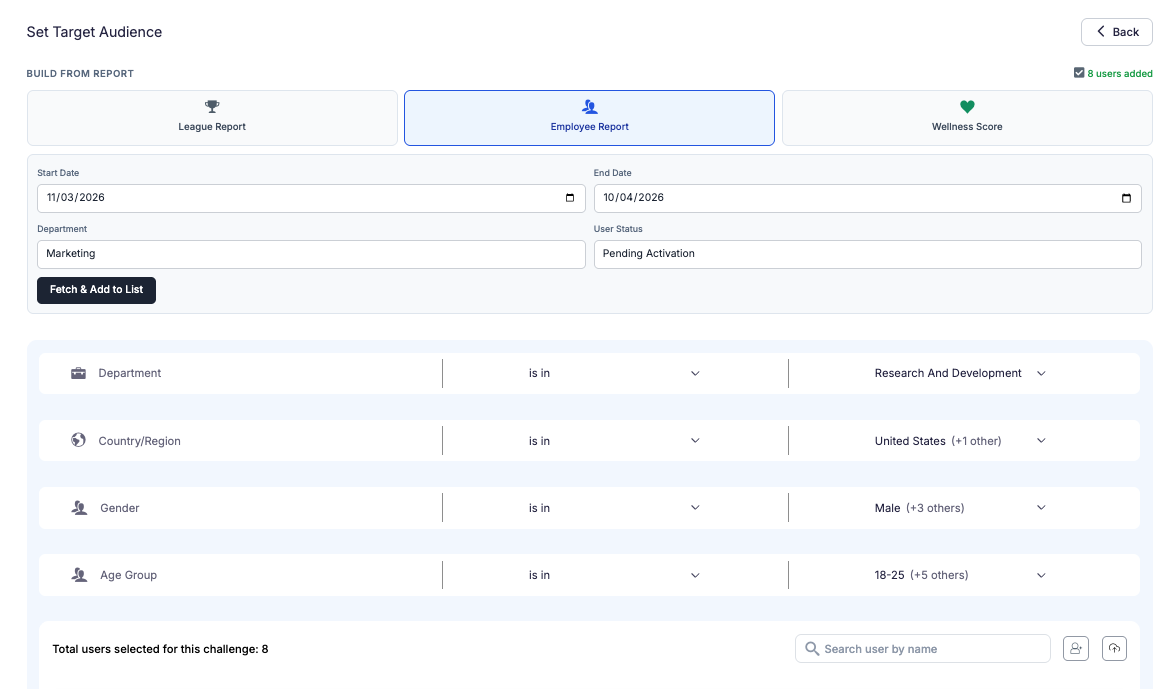 Vantage Fit Audience Builder with segment filters for department, country, gender, age group, and build-from-report options including league report, employee report, and wellness score