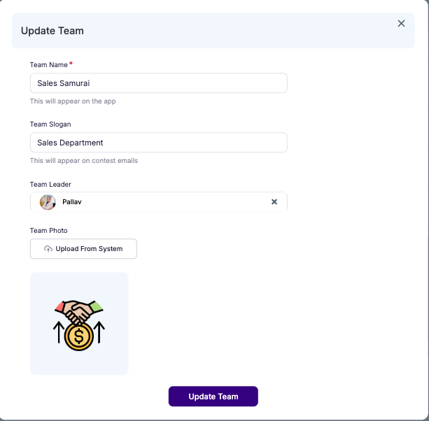 Vantage Fit update team modal showing team name, slogan, captain assignment, and team photo upload