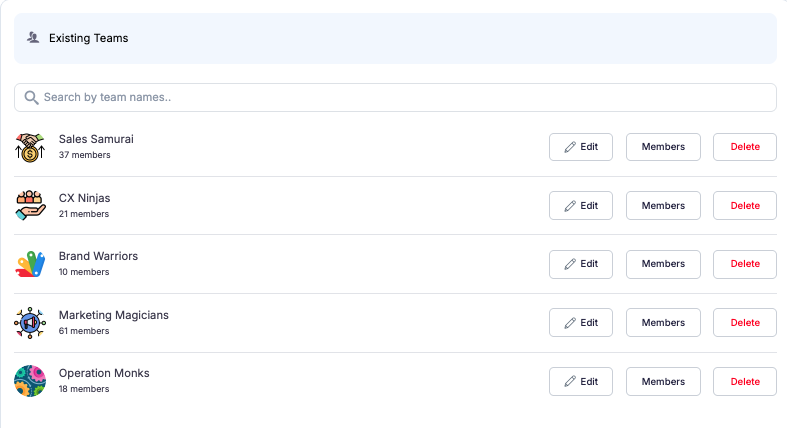 Vantage Fit team management admin view showing existing teams list with edit, members, and delete actions per team
