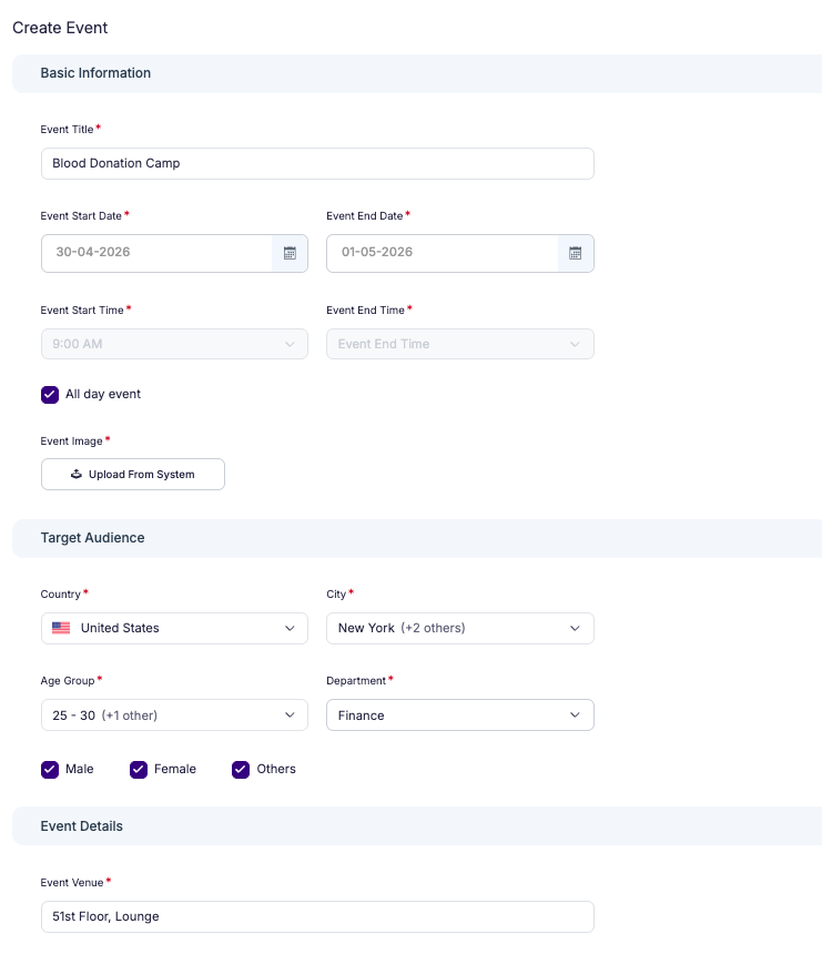Vantage Fit create event admin form with basic information, target audience filters for country, city, age group, department, and gender
