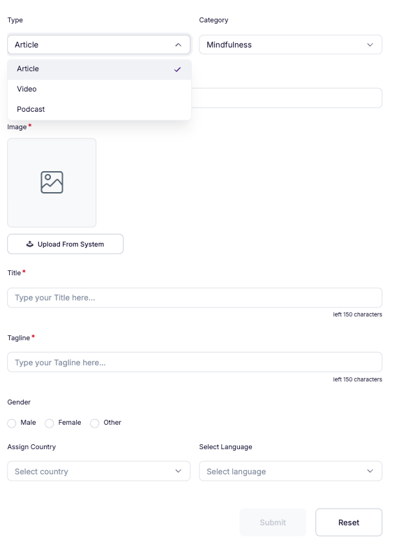 Vantage Fit content creation form with type, category, image upload, title, tagline, and personalization options for gender, country, and language