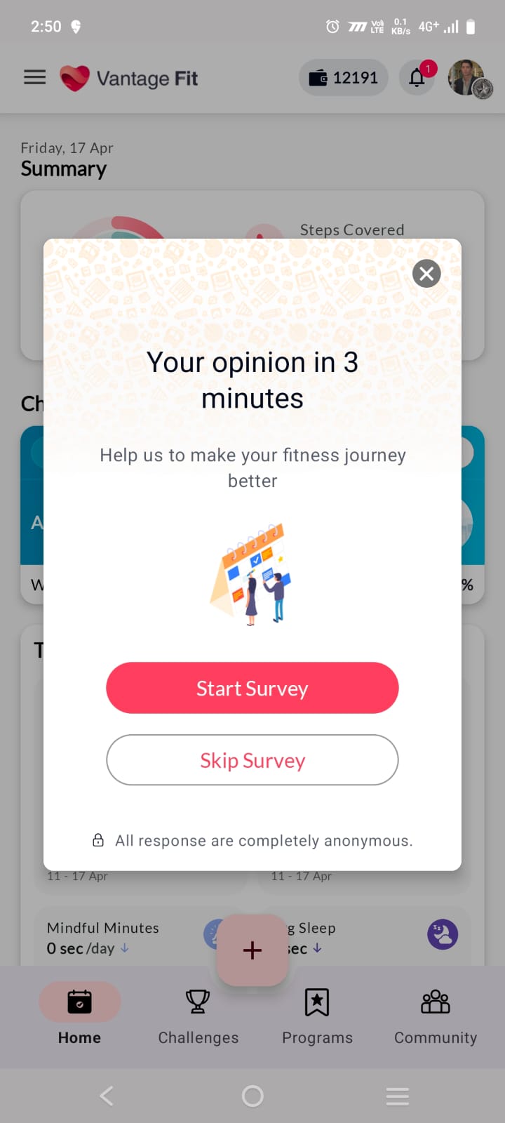 Vantage Fit in-app eNPS pulse survey invite showing Your opinion in 3 minutes prompt with Start Survey option and anonymous response guarantee
