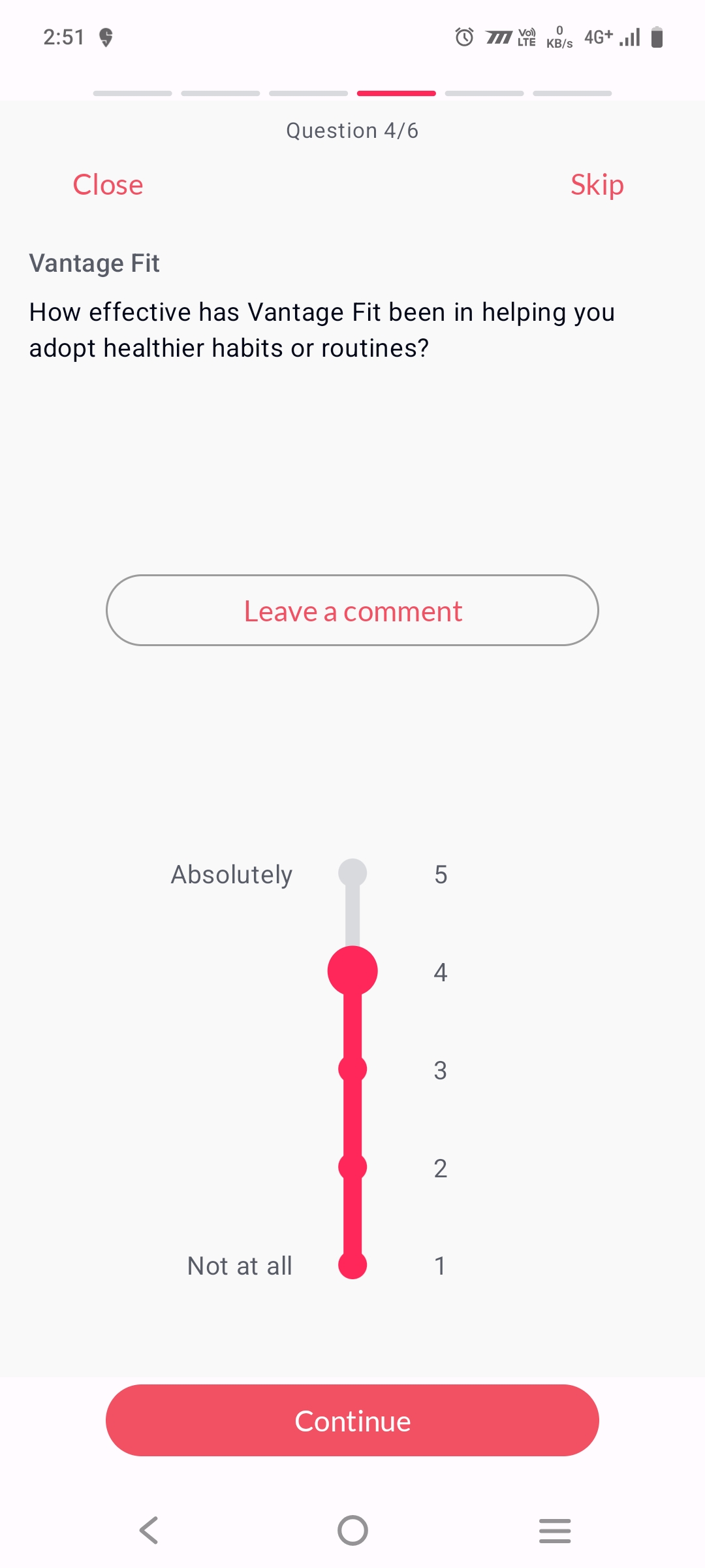 Vantage Fit pulse survey question on habit adoption effectiveness with five-point Absolutely to Not at all scale for wellness program satisfaction measurement