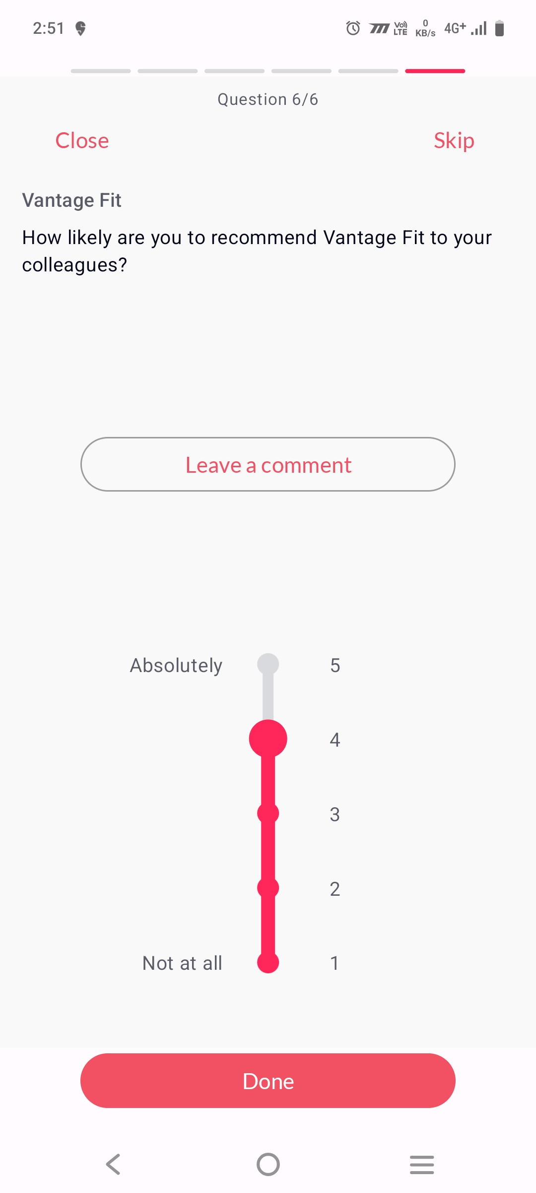 Vantage Fit eNPS recommendation question asking how likely employees are to recommend the platform to colleagues with five-point NPS scale and optional comment field