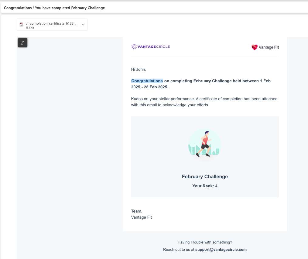 Vantage Fit automated challenge completion certificate delivered by email with PDF attachment and employee rank