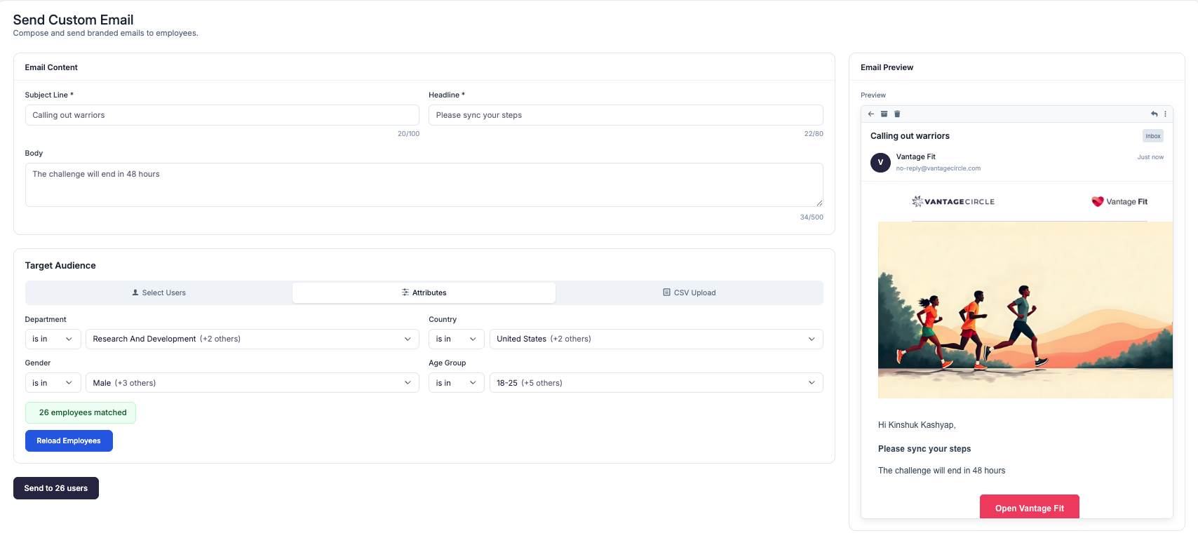 Vantage Fit custom email composer with department, country, gender, and age group audience filters and live email preview