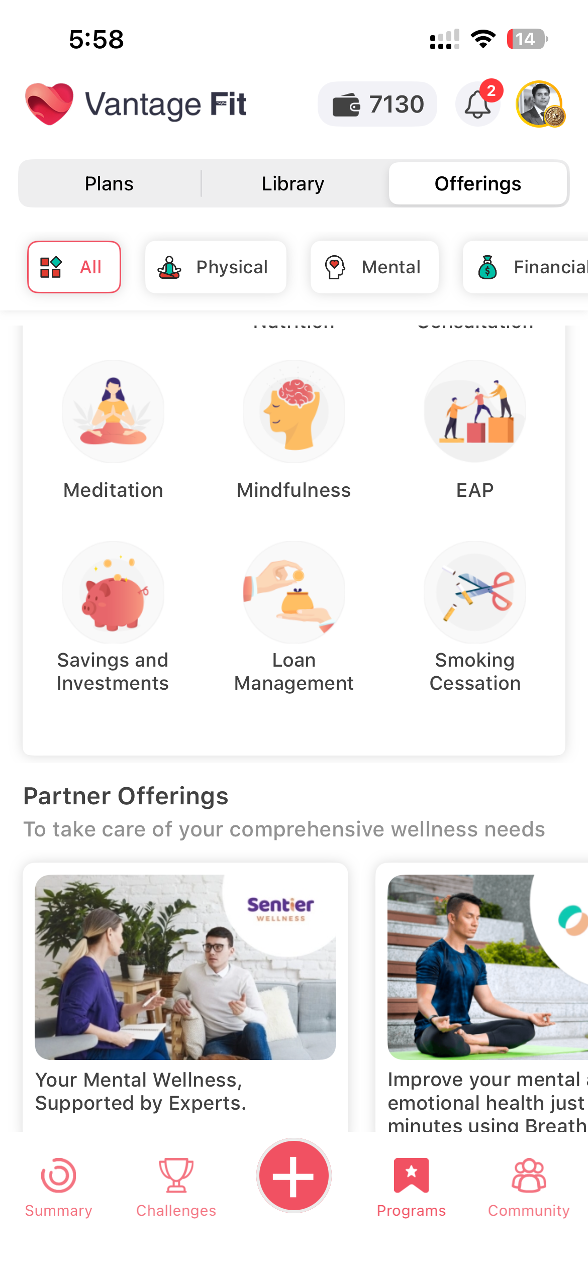 Vantage Fit wellness marketplace employee view showing admin-configured category order, custom Partner Offerings heading, and featured partner cards from Sentier Wellness