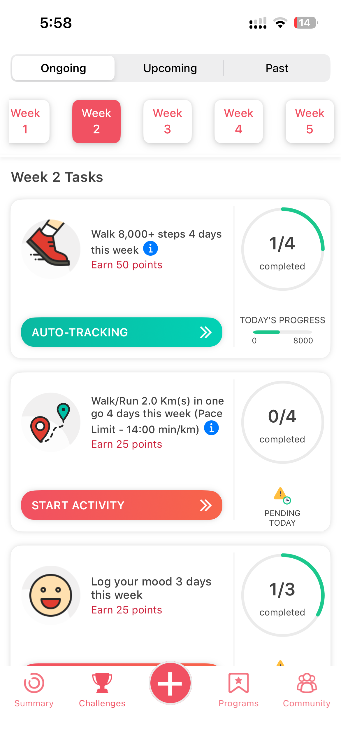Vantage Fit weekly challenge tasks showing per-task reward values with harder eight thousand step goal earning 50 points and mood log earning 25 points