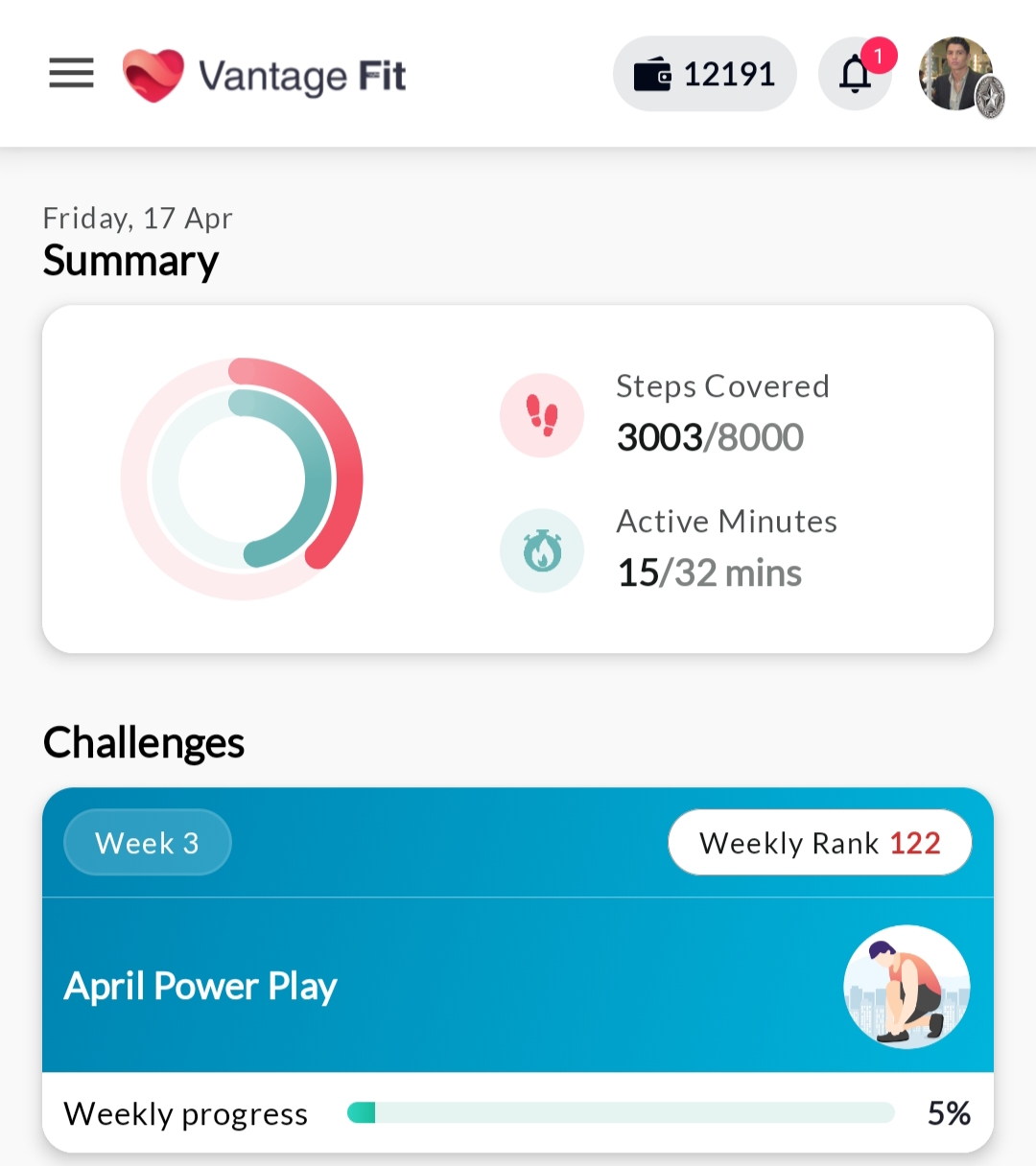 Vantage Fit daily summary screen showing step goal progress three thousand of eight thousand, active minutes progress, and April Power Play weekly challenge rank