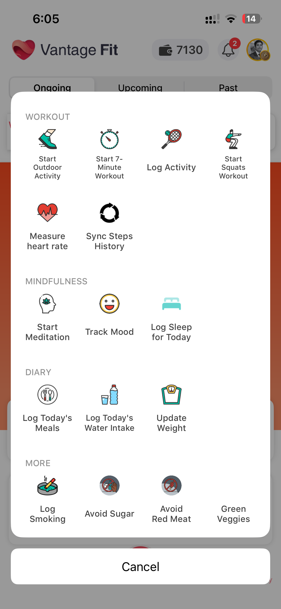 Vantage Fit activity picker grouped into Workout, Mindfulness, Diary, and More categories showing outdoor activity, seven minute workout, squats, heart rate, meditation, mood tracking, sleep logging, meal logging, water intake, weight, and dietary habits across physical, mental, and nutritional wellness