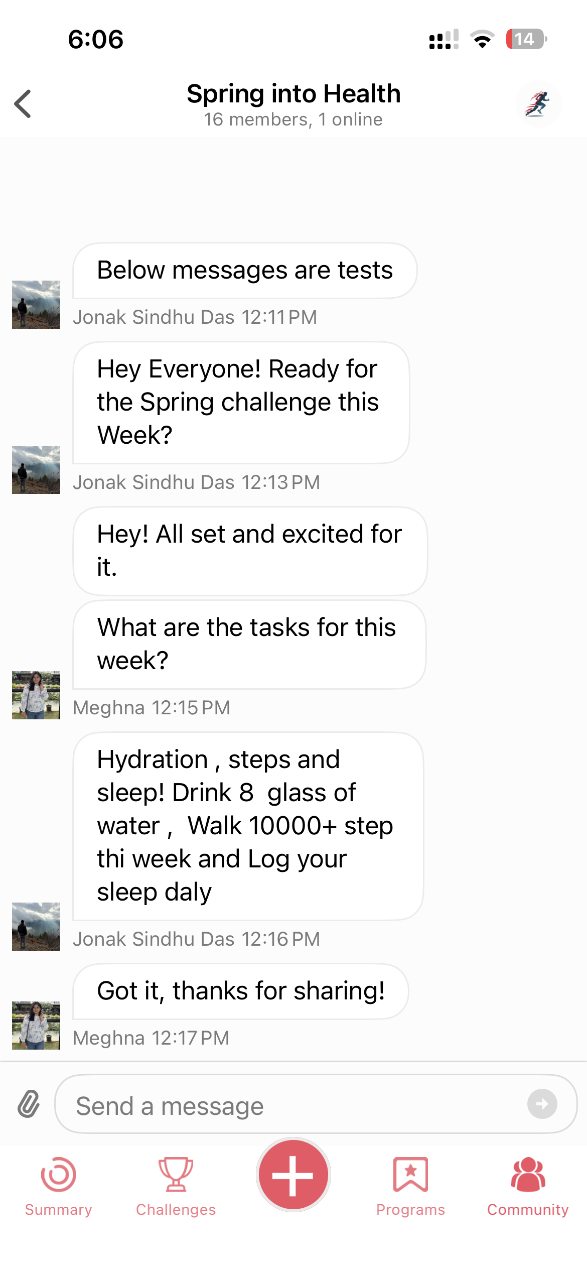 Vantage Fit campaign-specific team chat channel for Spring into Health challenge showing teammates discussing weekly tasks, hydration goals, step targets, and sleep logging with sixteen members participating in real-time conversation