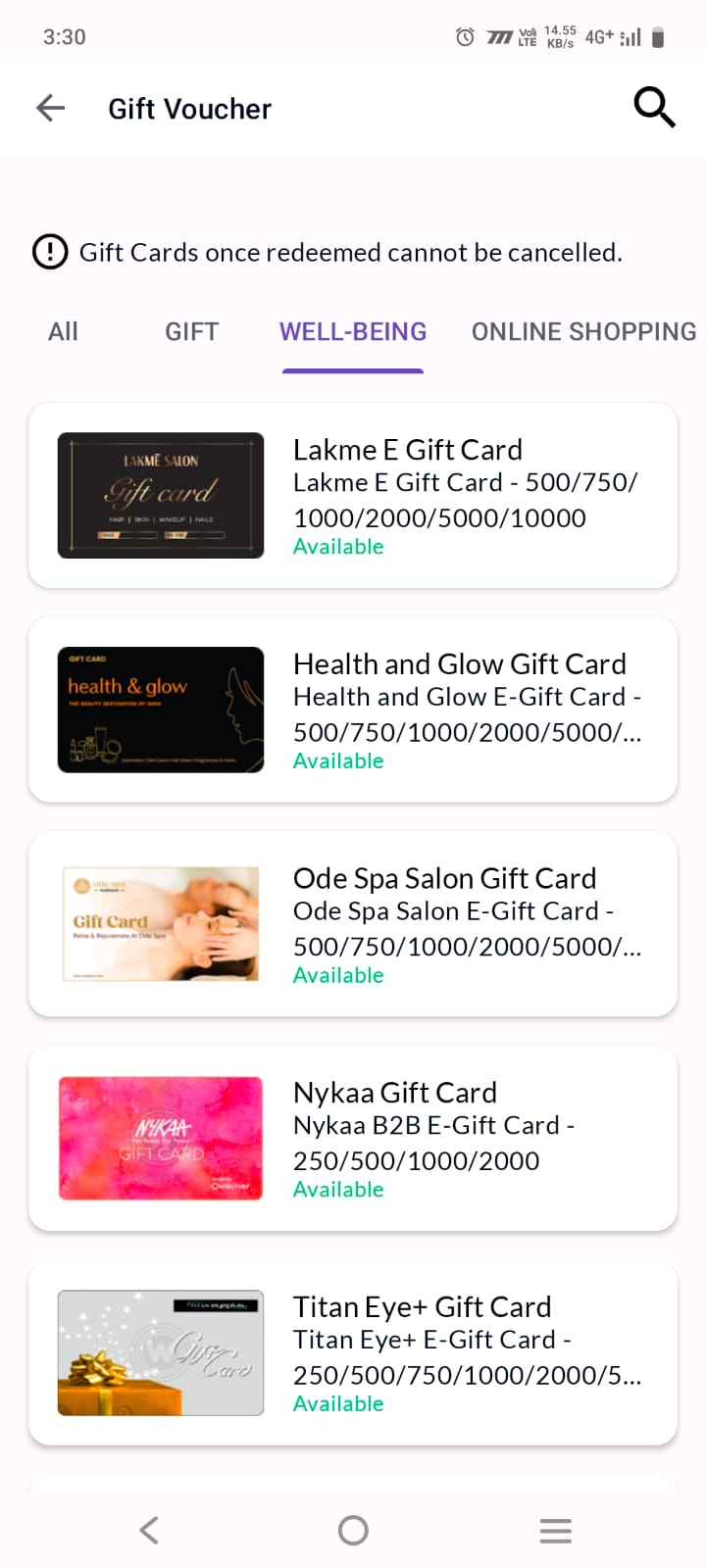 Vantage Fit gift voucher Well-Being category showing Lakme e-gift card, Health and Glow, Ode Spa Salon, Nykaa, and Titan Eye Plus for employee wellness reward redemption