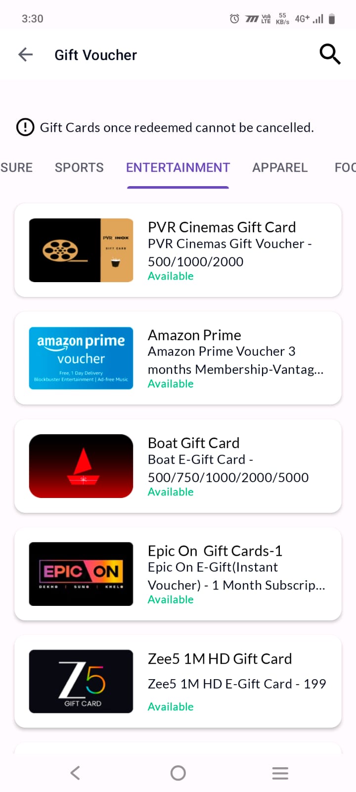 Vantage Fit gift voucher Entertainment category with PVR Cinemas, Amazon Prime voucher, Boat headphones, Epic On, and Zee5 HD gift cards available for points redemption