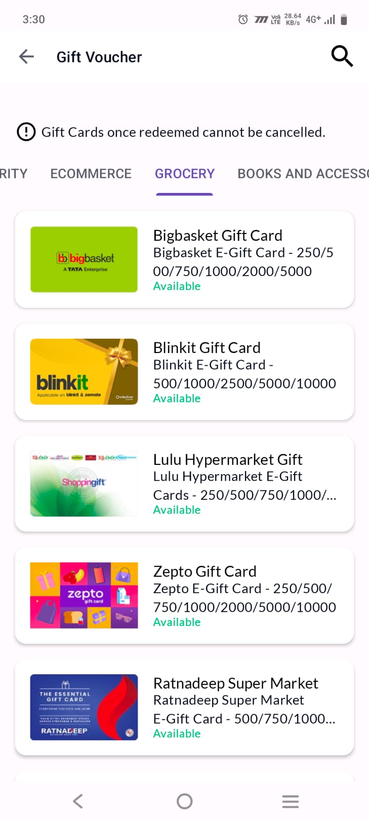 Vantage Fit gift voucher Grocery category showing Bigbasket, Blinkit, Lulu Hypermarket, Zepto, and Ratnadeep Super Market e-gift cards for everyday grocery redemption from earned wellness points