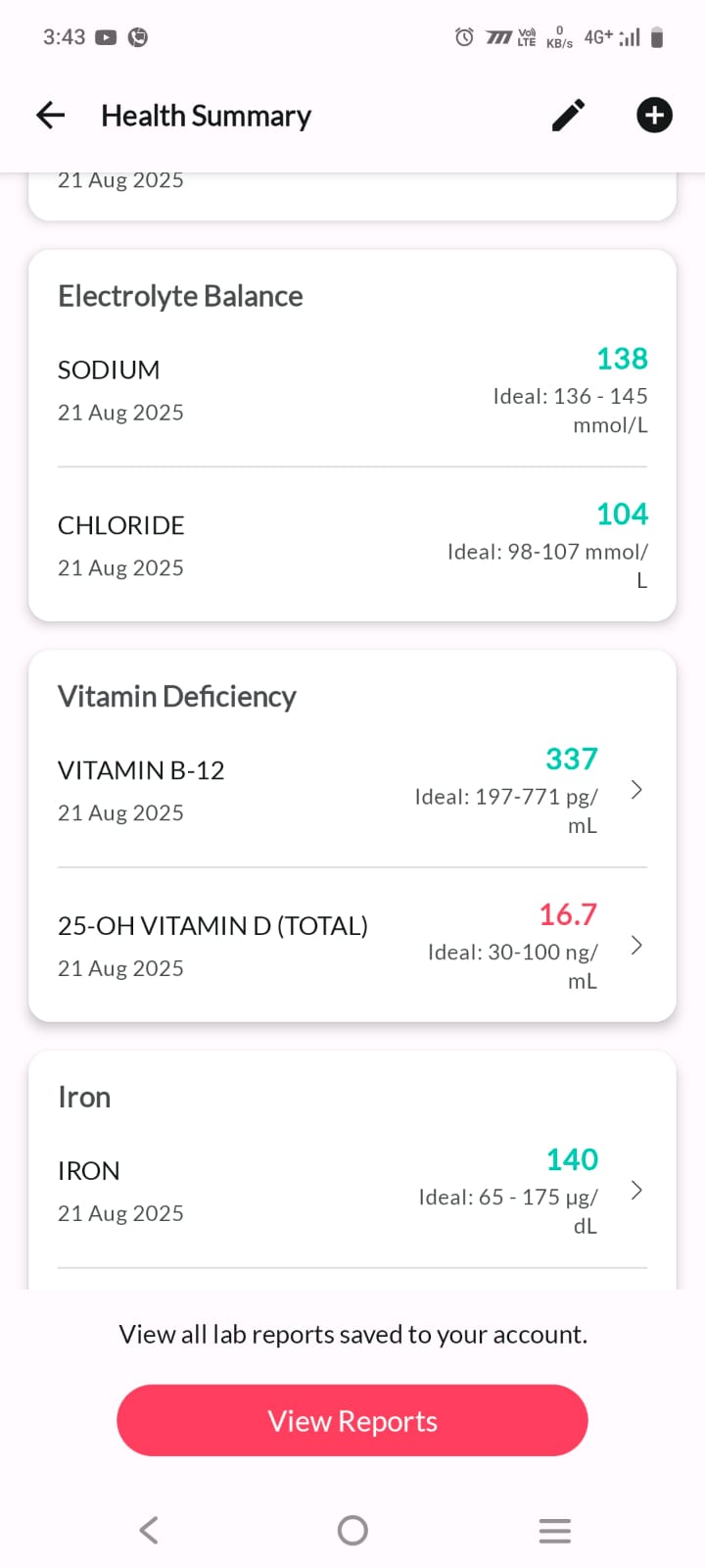 Vantage Fit Health Summary biomarker detail with Electrolyte Balance Sodium 138 and Chloride 104 normal, Vitamin Deficiency flagging 25-OH Vitamin D 16.7 ng/mL below ideal 30-100 range in red, Vitamin B-12 337 normal, and Iron 140 normal from AI-powered lab analysis