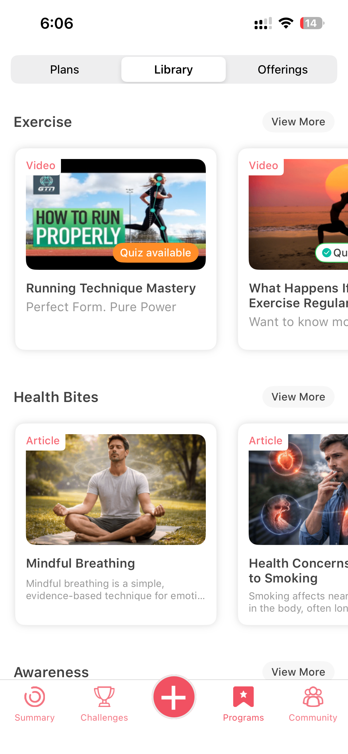 Vantage Fit Library screen with Exercise, Health Bites, and Awareness content categories showing Running Technique Mastery video with Quiz available badge, What Happens If You Exercise Regularly video, Mindful Breathing article, and Health Concerns Related to Smoking article for employee wellness education